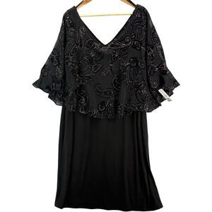 JM Studio John Meyer Black Gold Paisley Sheer Cape Midi Dress Women 16W